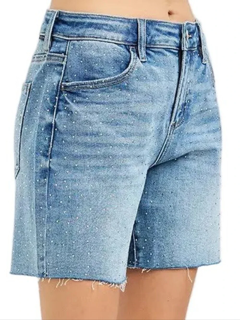 Risen Rhinestone Speckled Baggy Raw Hem Mid Length Weekend Sparkle Denim Shorts
